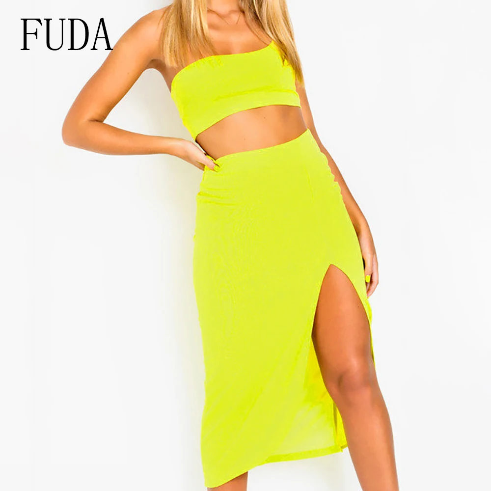 FUDA Sexy Two Piece Sets One-shoulder Top and High Split Dress Women Summer Sleeveless Hollow Out Open Back Female Dresses FUDA Sexy Two Piece Sets One-shoulder Top and High Split Dress Women Summer Sleeveless Hollow Out Open Back Female Dresses
