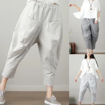 

Women Cotton Linen Solid Color Elastic Waist Women Casual Striped Print Trousers Trousers Ladies Loose Y430