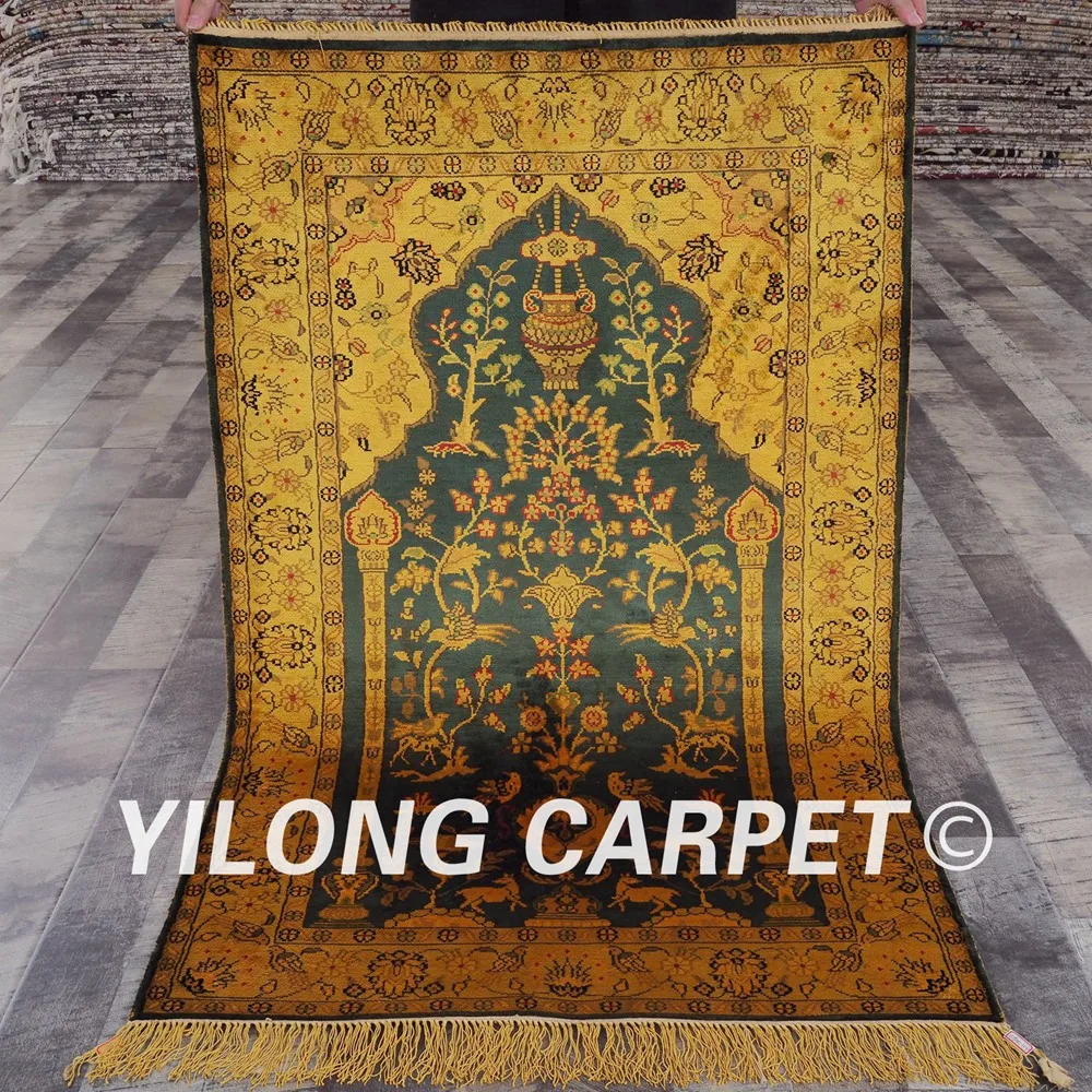 

YILONG 2.5'x4' antique old silk handmade carpet golden and blue turkish prayer rug (YHW39GAB2.5x4)