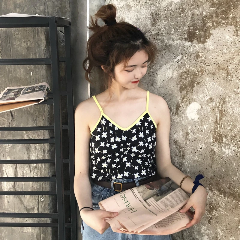 Женские топики Camis лето укороченный топ женская уличная с рюшами Флора Сладкий Винтаж v-образным вырезом Спагетти ремень на плечо