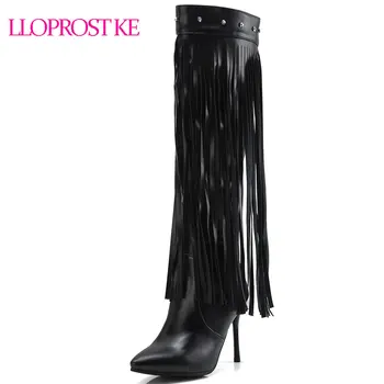 

Lloprost ke 2018 Winter New Fringe Over The Knee Boots Tassel Women's Long Boots Thin High Heel Motorcycle Shoes PLus Size 32-43