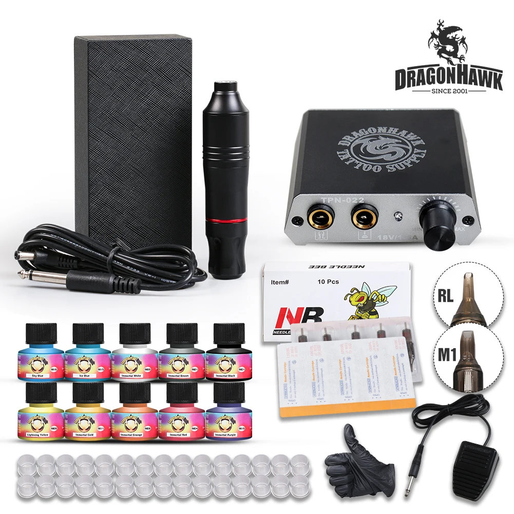 

Complete Beginner Tattoo kit Dragonhawk Tattoo Kit Motor Pen Machine Gun Color Inks Power Supply Needles