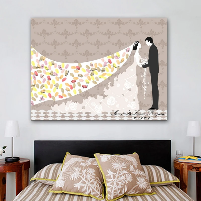 

DIY Fingerprint Signature Canvas Painting The Bride's Long Veil Wedding Gift Wedding Decoration Guest Book