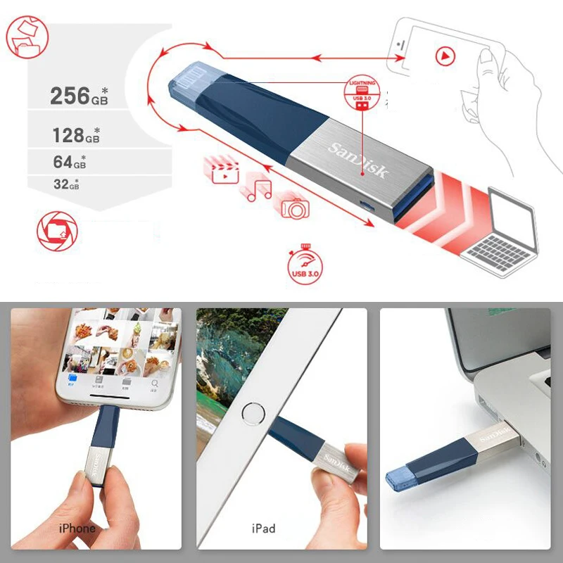 SANDISK USB3.0 флэш накопитель 64 ГБ 128 256 Micro Usb флеш Lightning/Otg для iPhone/iPad/iPod карта памяти|drive