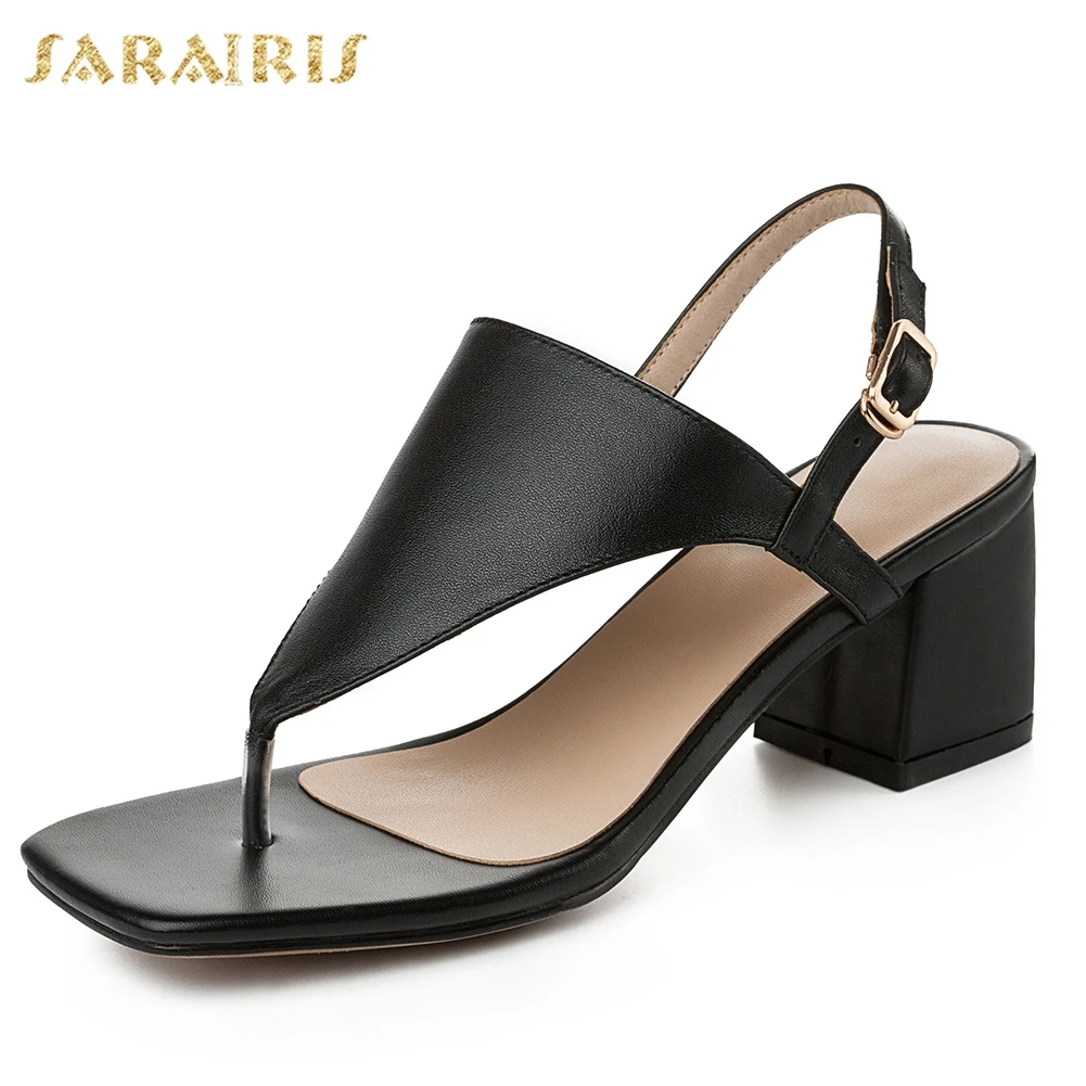 

Sarairis 2019 Summer Genuine Leather Shoes Sandals Woman Chunky High Heels T Strap Woman Party Sandals Shoes Women Size 34-40