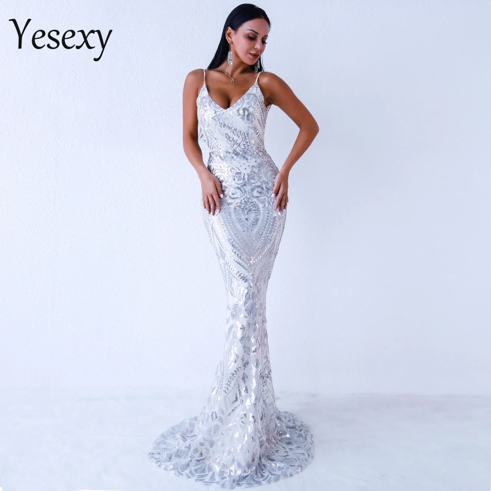 Yesexy для женщин пикантные с открытыми плечами блесток платья для Женский спинки макси элегантное вечернее платье Vestdios VR9314