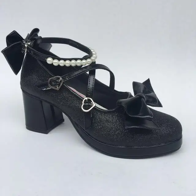 Womens-Shiny-Black-Silver-Sequin-Pumps-Bow-Strap-Cross-Pearl-Ankle-Strap-Princess-Lolita-Shoes-Custom-Tailor-Available- 15
