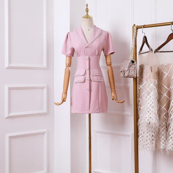 

2019 new ladies temperament beaded slim fashion dress Mid-Length female summer retro ladies Party Dresses