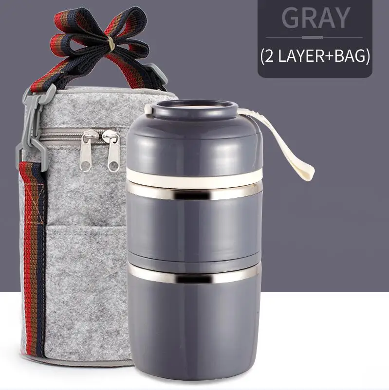 2 Layer Gray Bag WORTHBUY PT Прямая поставка Японский милый Ланч-бокс для детей школьная портативная коробка для бенто герметичный контейнер для еды из нержавеющей стали - Цвет: 2 Layer Gray Bag