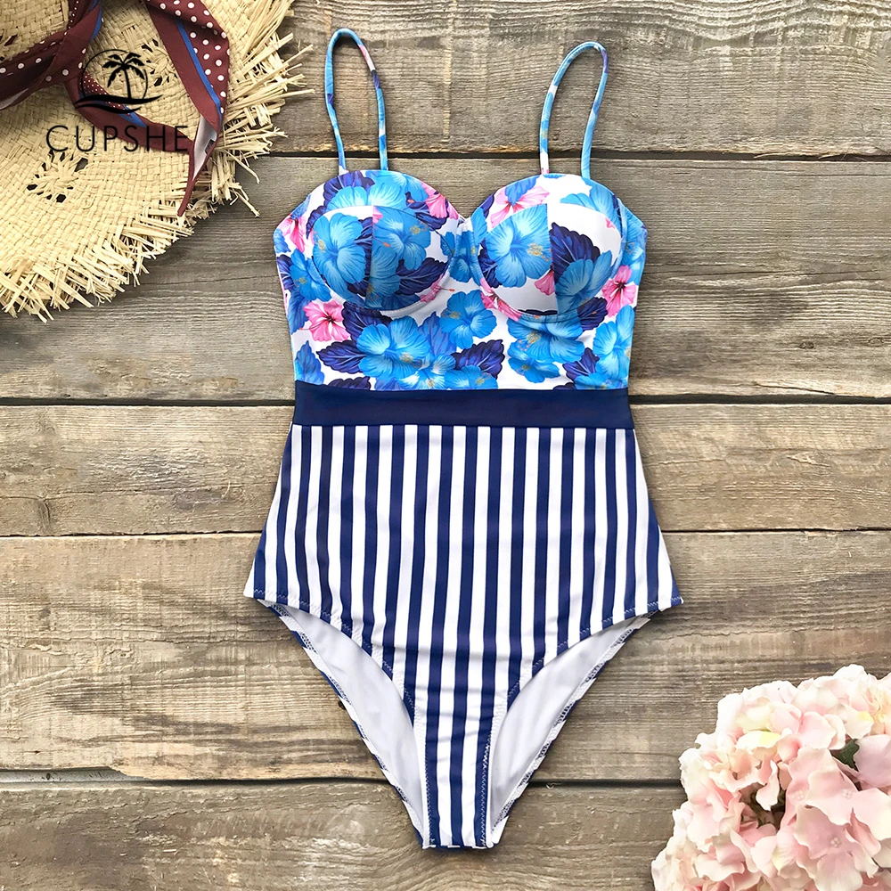 Preise CUPSHE Sexy Blau Hibiscus Blumen Und Streifen Einteiliges Badeanzug Frauen Push Up Monokini 2020 Mädchen Strand Badeanzüge