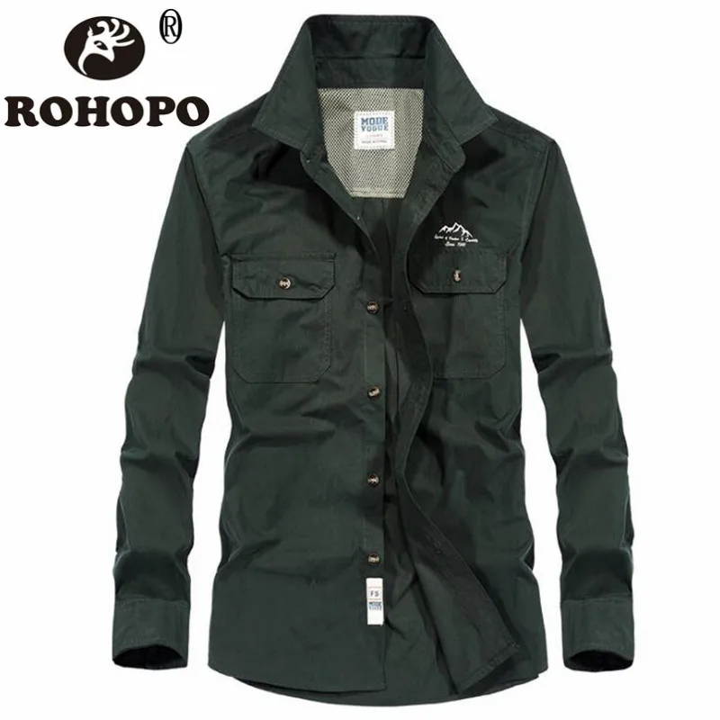 

Army Green Khaki Man Long Sleeve Shirt Thick Autumn Solid Nature Cotton Pockets Chest Brand Quality Fabric Outwear 2019 4XL TO M