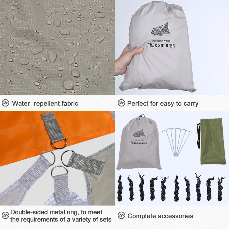 FREE SOLDIER outdoor sports camping hiking tactical military awning shelter sunshade for travelling rain fly PU waterproof mat