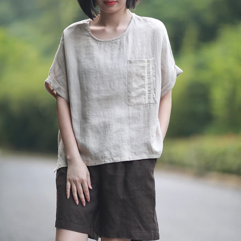 

Johnature 2019 Summer New O-Neck Short Sleeve Cotton Linen Women T-Shirts Pockets Loose Women Clothes Casual Vintage T-Shirts