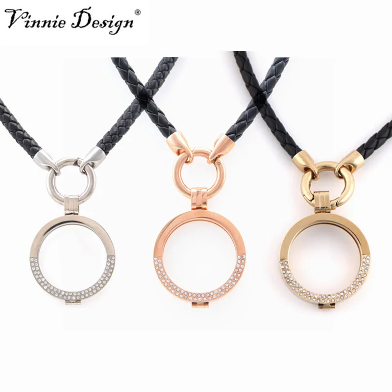 

Vinnie Design Jewelry 40cm Black Leather Necklace 35mm Stainless Steel Half Crystal Coin Holder Pendant Necklaces