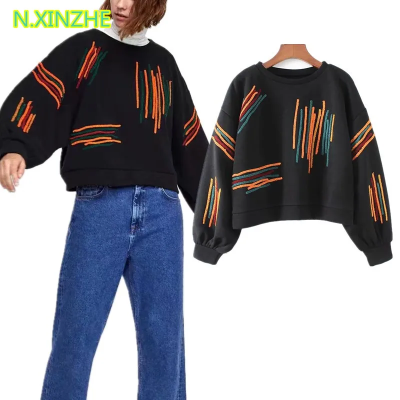 

2018 women clothing long sleeve multicolor striped short sweatshirts hoodies Female casual loose fleece pullovers cotton jumpers