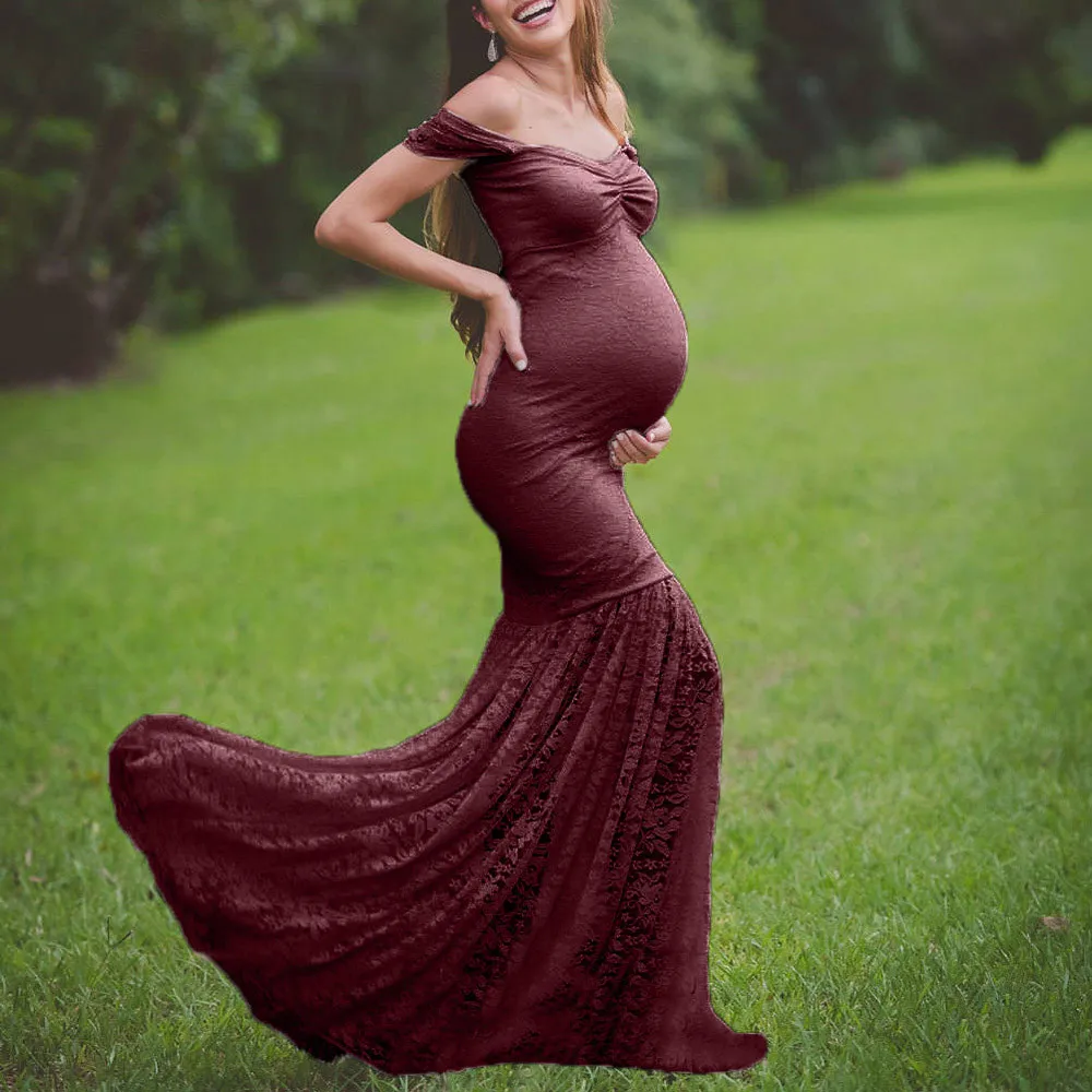 Womens Pregnants Sexy Photography Props Off Shoulders Lace Nursing Long Dress beautiful robe grossesse shooting photo HOOLER