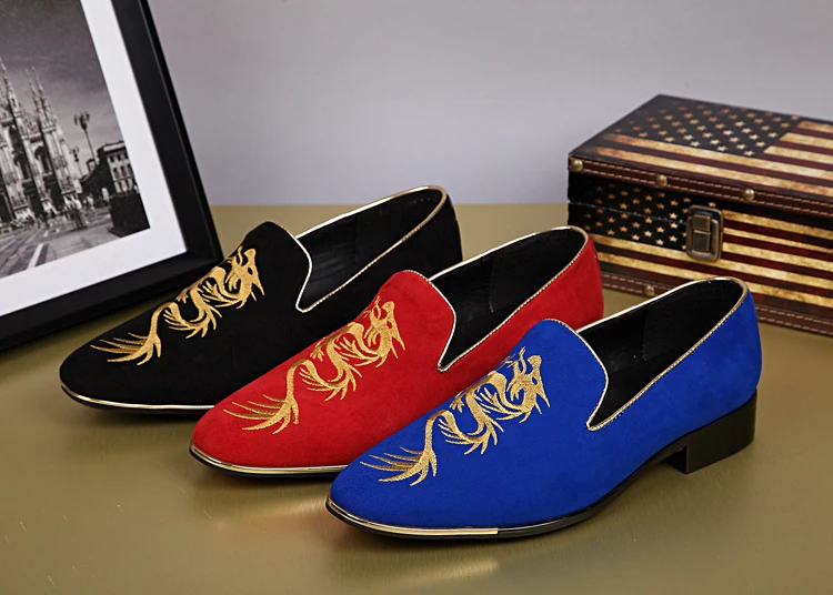 

Black Red Blue Mens Loafers Shoes Flats Genuine leather Embroidery Dragon Flats Slip on Dress Wedding Shoes Male Oxfords Size 46