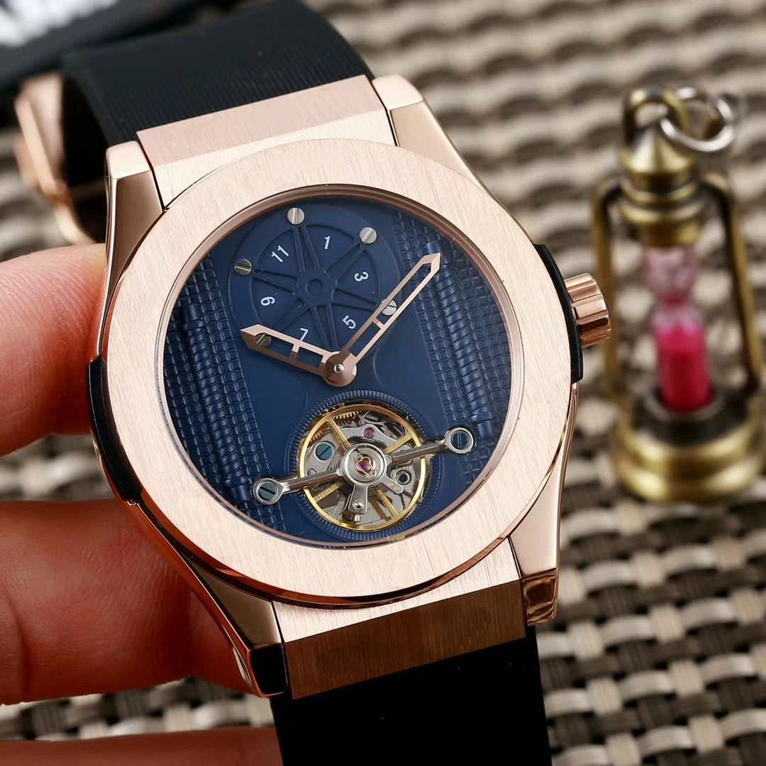 

Luxury Brand New Men Rose Gold Automatic Mechanical Sapphire Tourbillions Watches Transparent Black Rubber Brown Leather Sport