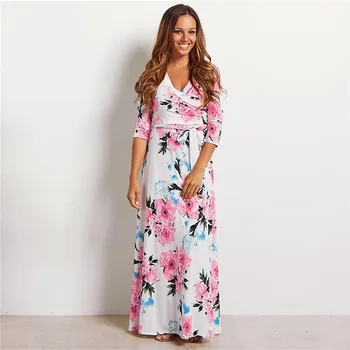 

Summer 3/4 Sleeve Dress Black Tropical Beach Vintage Maxi Dresses Boho Casual V Neck Belt Lace Up Tunic Draped Plus Size Dress