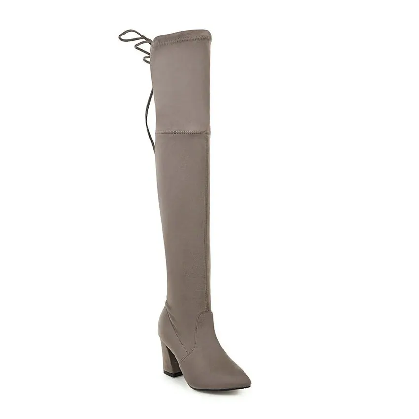 QUTAA/ г. Новые женские ботфорты из натуральной кожи пикантная женская обувь на толстом каблуке со шнуровкой однотонная зимняя теплая обувь, размер 34-43 - Цвет: Kahki