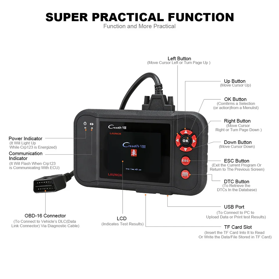 Launch Creader viii obd2 код читателя сканирования тест ENG/AT/ABS/Airbag EPB SAS масла сбрасывает X431