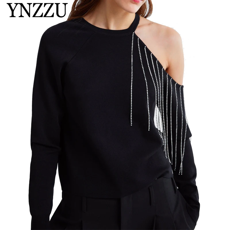 

YNZZU New Design 2019 Spring Women Knitted Sweaters Chic Rhinestone Tassel Long Sleeve Loose Pullover Female YT553