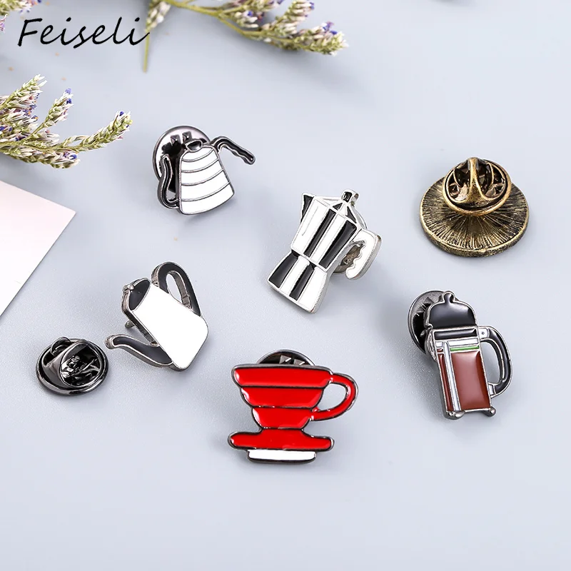 

Feiseli Creative Oil Drop Enamel Coffee Machine Teapot Cup Shaped Corsage For Women Metal Clothes Shirt Collar Pins