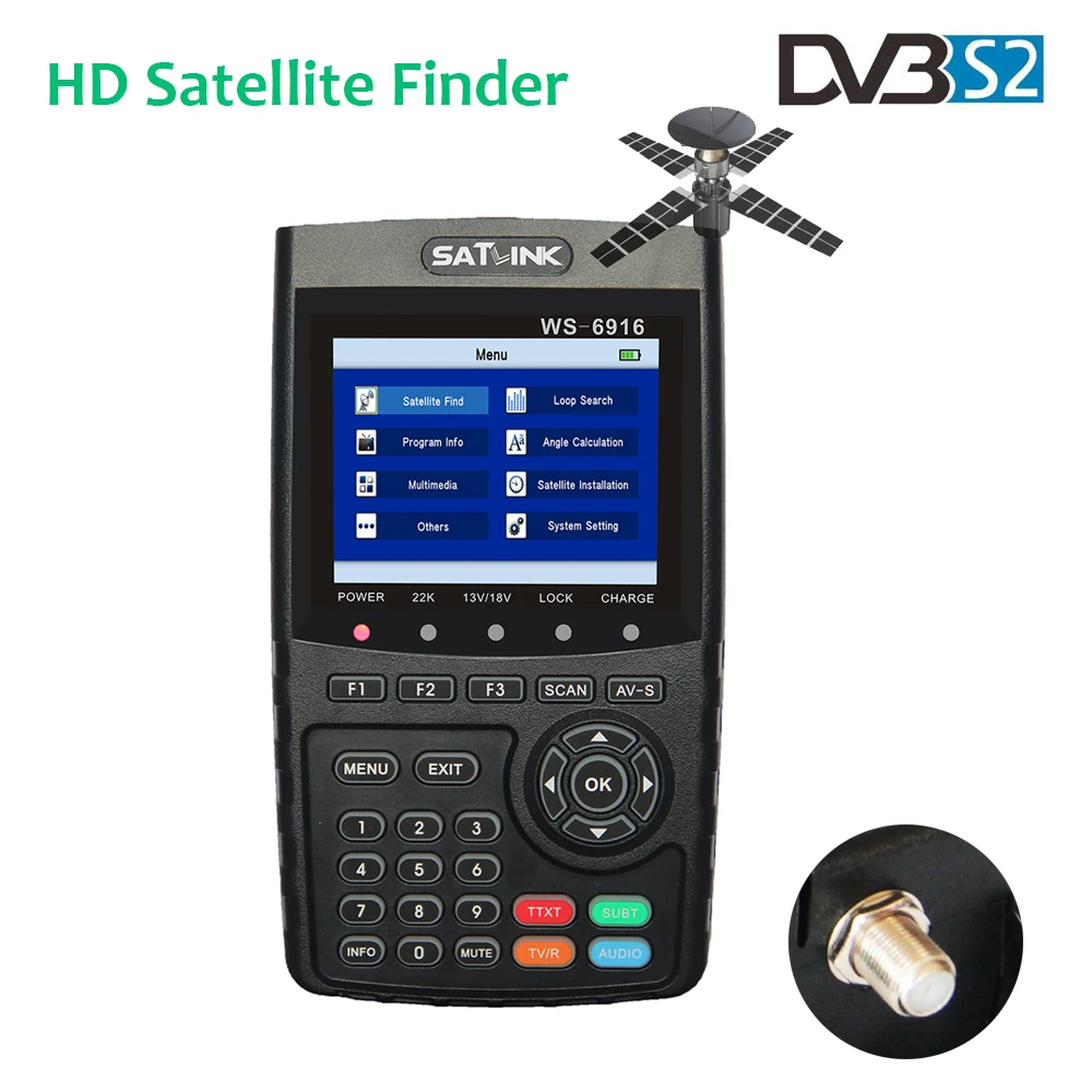 

Satlink WS-6916 Satfinder HD DVB-S2 FTA C&KU Band Digital Satellite Finder MPEG-4 Satellite Finder Meter 3.5 inch TFT LCD WS6916