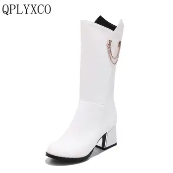 

QPLYXCO 2017 New fashion Super big Size 30-52 Mid-Calf Boots Winter Warm Short Plush Boots Women high Heels Zipper Shoes 9122