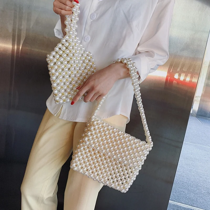 Handmade Women Pearl Bags Designer Beaded Shoulder Bags Charm White Pearls Crossbody Bag Luxury Eve
