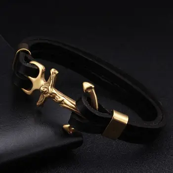 

Vintage Diy Braided Genuine Leather Men Women Anchor Bracelets Stainless Steel Chain Link Charm Cross Cuff Bracelets Bangles