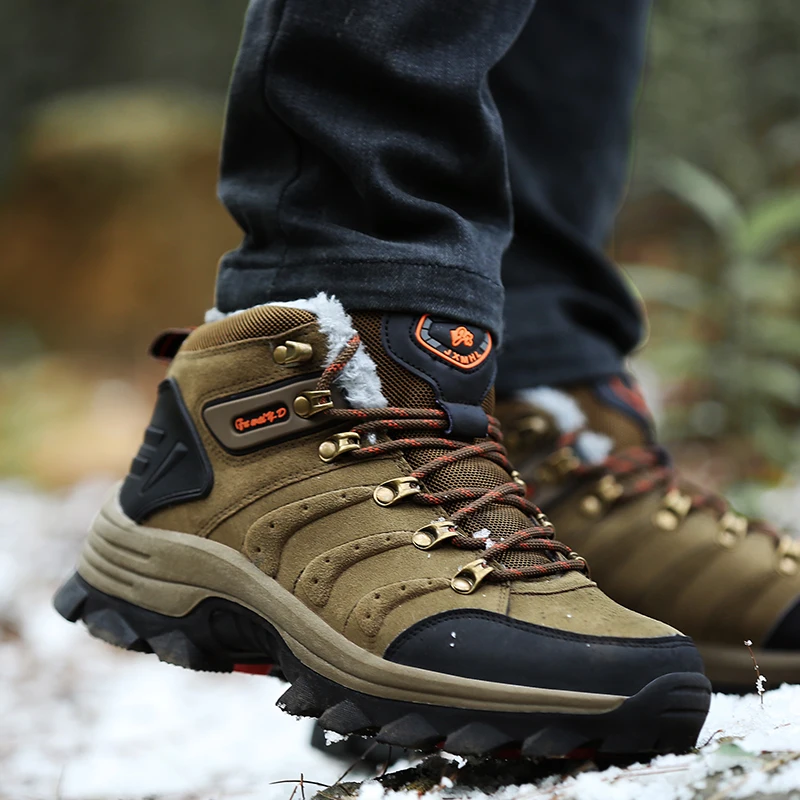 BeiWeiTe Winter Mens Fur Lined Hiking Boots High Top Warm Antiskid Trail Trekking Shoes For Men Wearable Walking Tourism Shoes