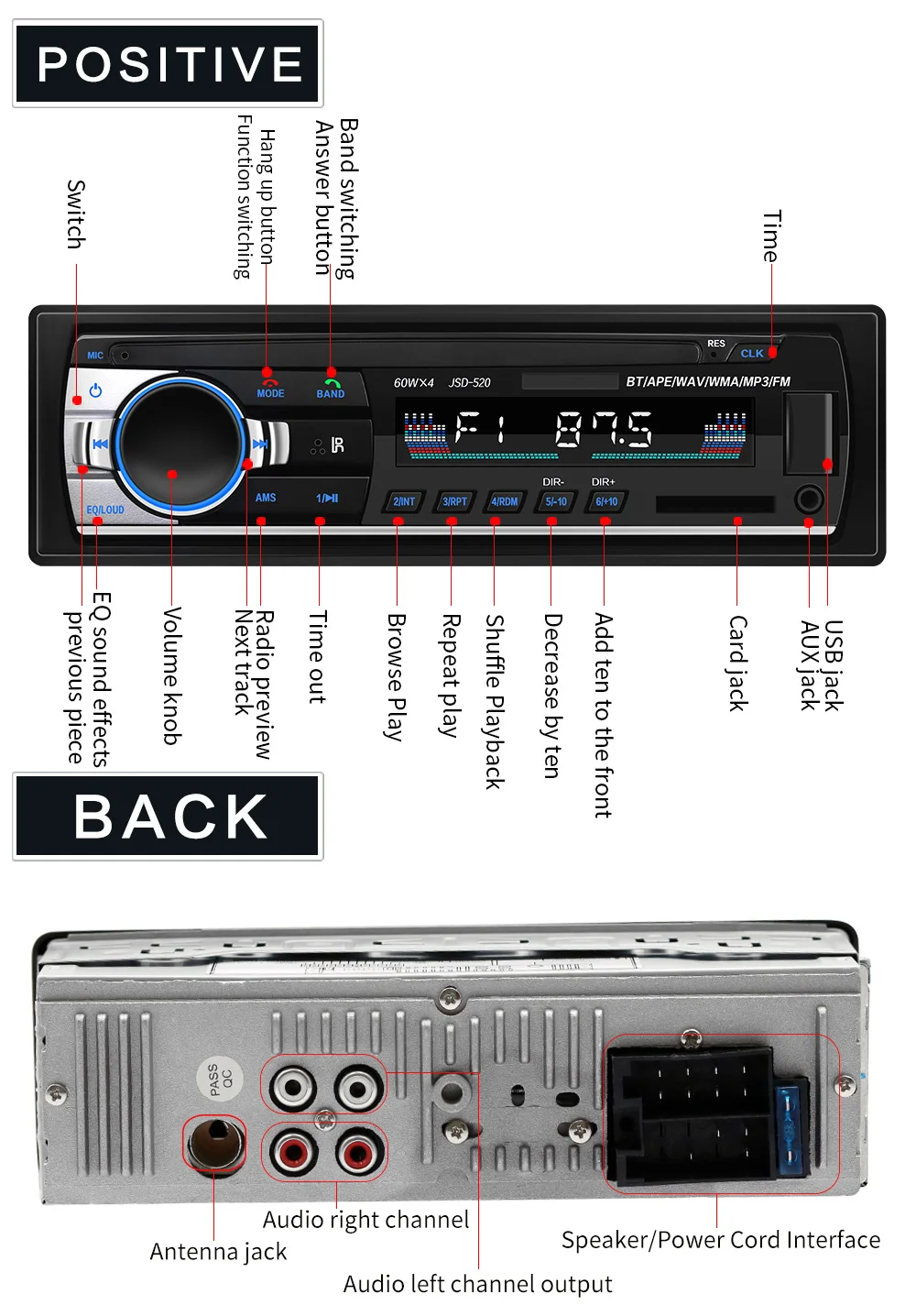 Jsd-520 12 в Bluetooth Стерео FM радио MP3 аудио плеер 5 в зарядное устройство USB SD AUX Автоэлектроника сабвуфер 1 DIN Авторадио