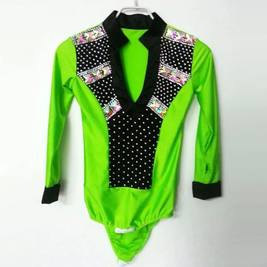 

sexy Tango Men/boy Latin Dance Top Green/white/rose Male Ballroom Shirt Spandex&bright Drill Clothing For Dancing