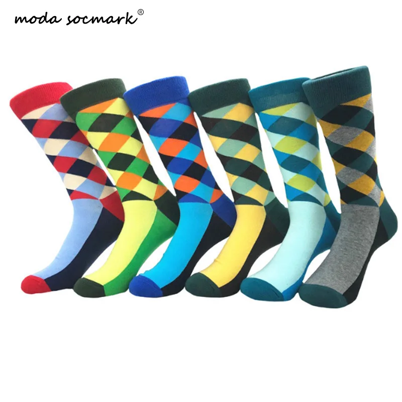 

Moda Socmark Brand Quality Happy Socks Men 6 Color Striped Plaid Diamond Cherry Socks Men Combed Cotton Calcetines Largos Hombre