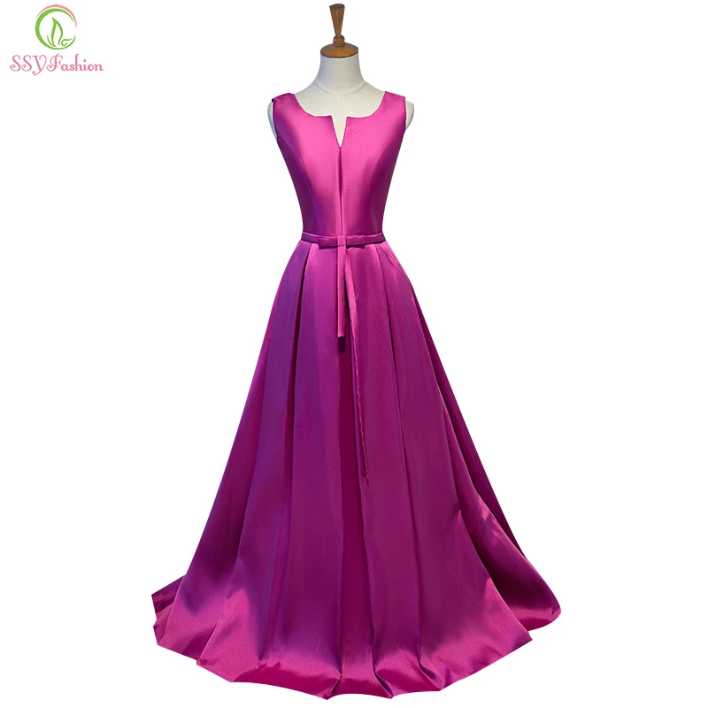 

SSYFashion Simple Thick Satin Sleeveless Floor-length Long Evening Dress Bridal Banquet Formal Dresses Custom Made Party Gown