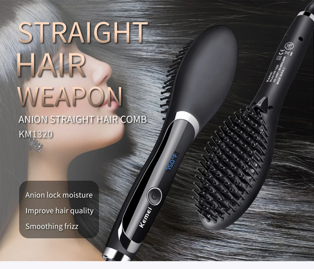 

Kemei LED Display Hair Straightener Comb Temperature Control Flat Iron Straightening Brush Negative Ion Hair Care Tool KM- 1320