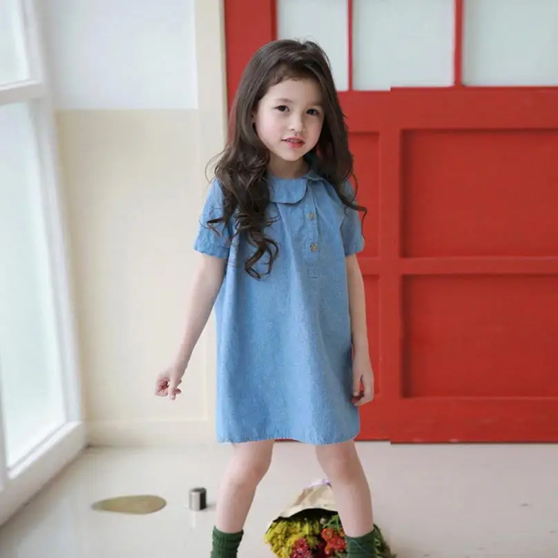 

summer baby girl dress Cotton blend kids mini dress Solid Short sleeve Cowboy infant Round collar jeans Solid cute clothing 2-6Y