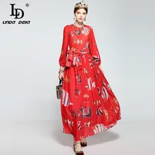 LD Linda della 2018 взлетно-посадочной полосы Макси платье Для женщин с длинным рукавом Повседневное богемный праздник элегантный красный шифона с принтом длинное платье