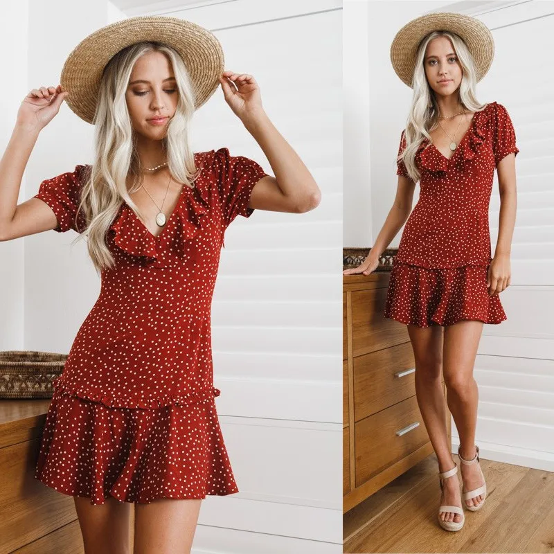yinlinhe Red Polka Dot Summer Dress Short Sleeve Lace Up Sexy Women Dress Backless v neck Elegant Ruffles Vestidos 6