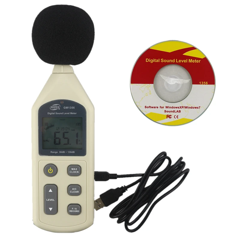 

GM1356 Digital LCD Sound Level Meter Voice Noise Tester 30~130dBA 35~130dBC Analyze Sound PWM AC DC Output with USB