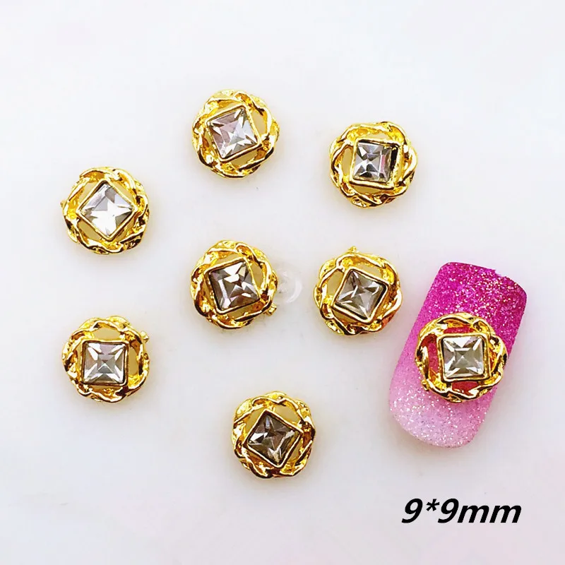 10Pcs/Lot 9*9mm Gold Round Square with Rhinestone Metal Alloy Nail Art Decorations Stickers/Deco/Charms for Manicure | Красота и