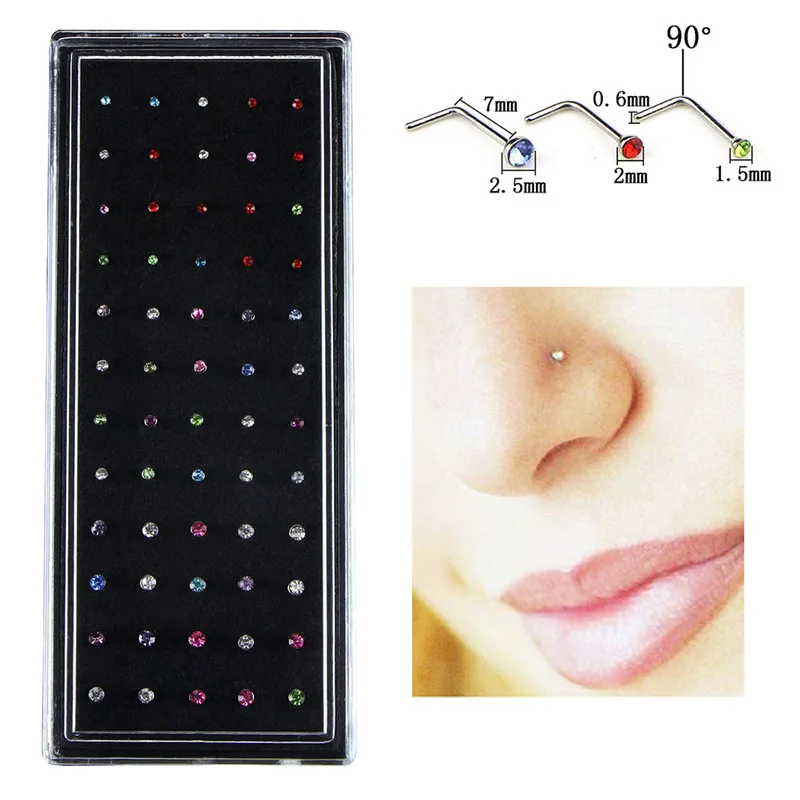 

60pcs/set Body Piercing Stud Charm Stainless Steel CZ Crystal L Shape Nose Ring Wholesale
