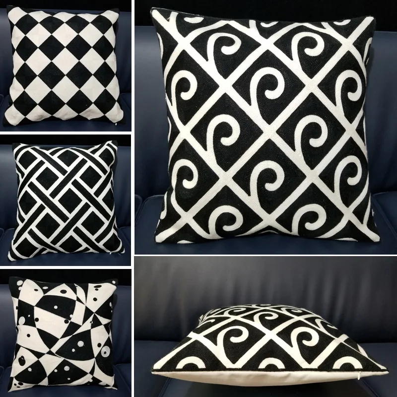 

Home Decorative Embroidered Cushion Cover Black White Canvas Cotton Square Embroidery Pillow Cover 45x45cm For Sofa Living Room