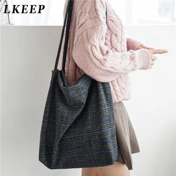 

2019 Autumn & Winter Women Woolen Canvas Shoulder Bag Ladies Vintage Plaid Handbag Totes Female Wool Cloth Shopping Bags