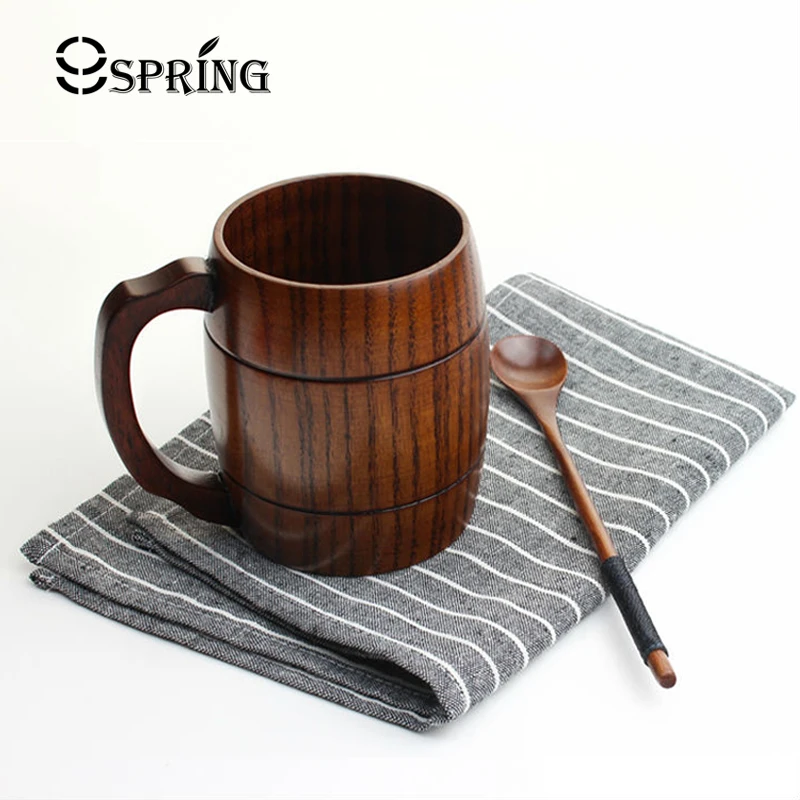 360ml Handcraft Wooden Beer Mugs with Handle Medium Size Wood Tea Cup