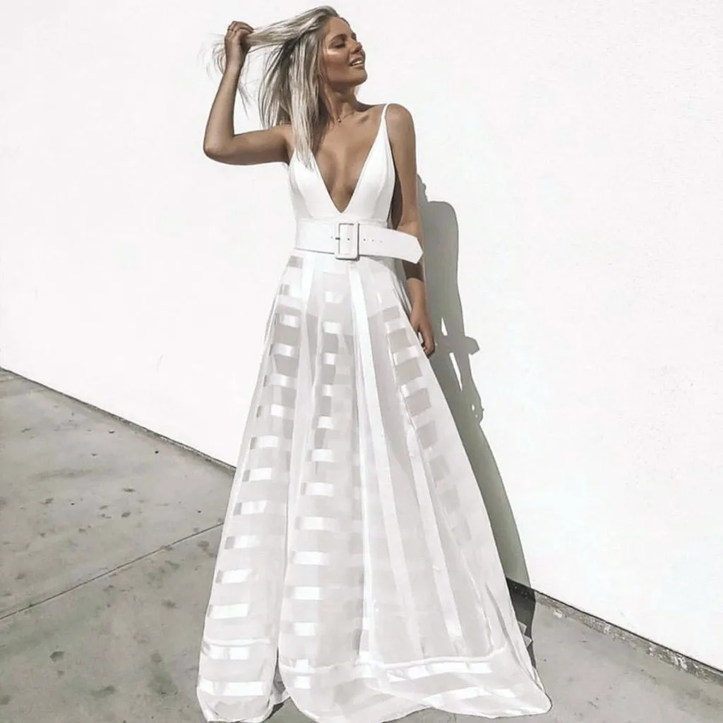

White Dress Women Sexy Sleeveless Deep V Neck Beach Dress Evening Party Sexy Club Dress Summer Beach Bandage Dresses vestidos de