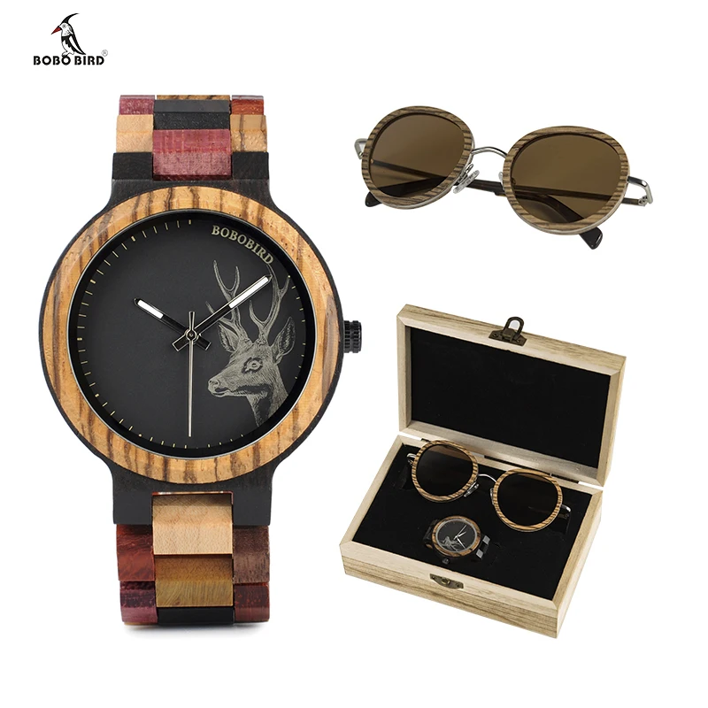 

BOBO BIRD Wooden Sunglasses and Top Brand Ladies Men Quartz Watches in Suit Present Box Gift relogio feminino Wood Wristwatch