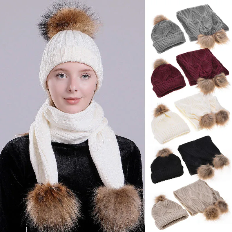 Women Ladies Knitted Scarf Hat Set Warm Striped Scarf Cap for Autumn