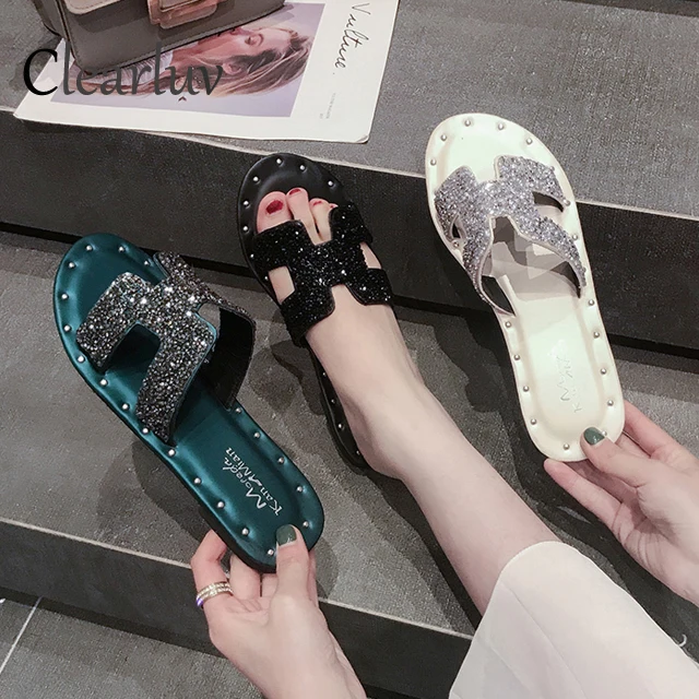 

2019 hot summer sandals ladies luxury design fashion sequins casual three-dimensional hollow non-slip beach shoes flip flops